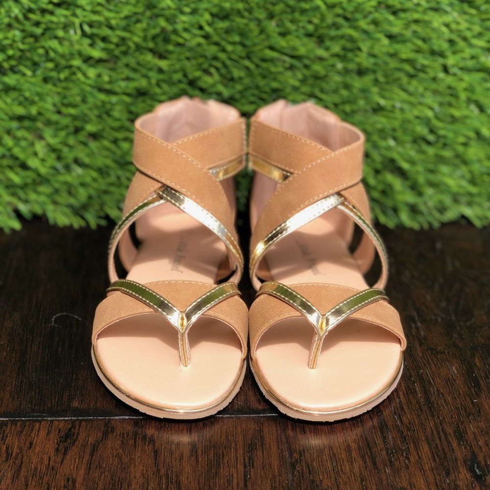 Toddler/Little/Big Girl Nubuck Gladiator Flat Sandal -Beige/Gold Nubuck